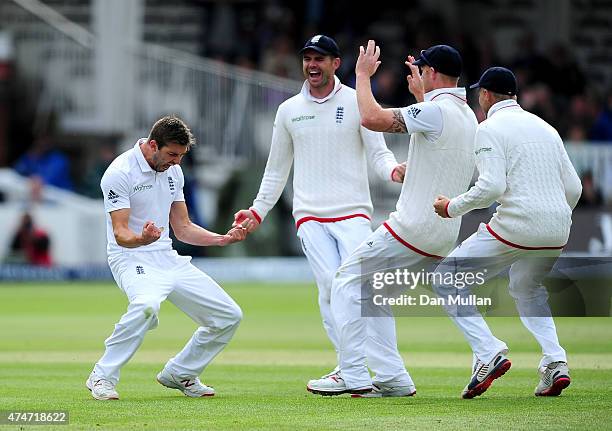 Mark Wood of England celebrates taking the wicket of BJ Watling of New Zealand during day five of the 1st Investec Test Match between England and New...