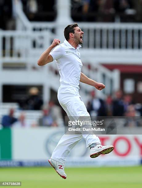 Mark Wood of England celebrates taking the wicket of BJ Watling of New Zealand during day five of the 1st Investec Test Match between England and New...