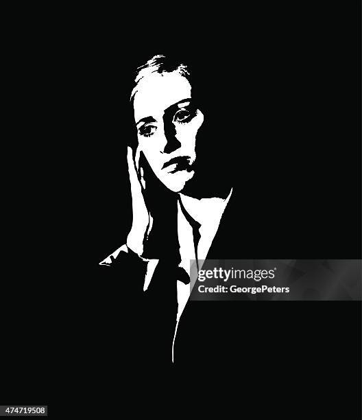 bildbanksillustrationer, clip art samt tecknat material och ikoner med high contrast line art portrait of sad businesswoman - high contrast