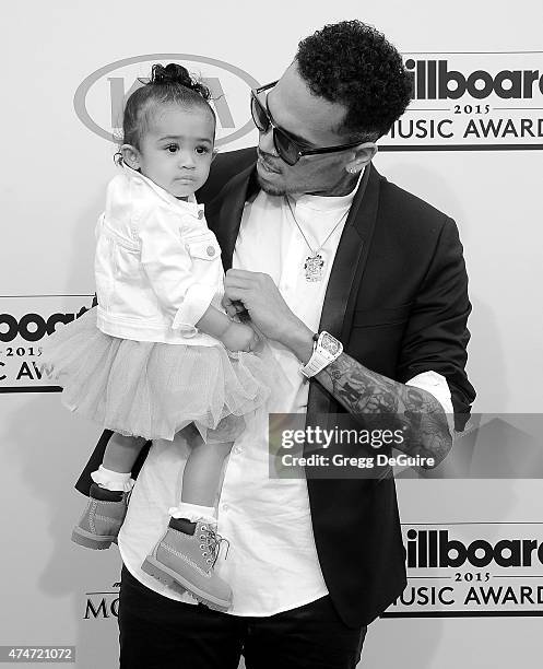 Singer Chris Brown and daughter Royalty arrive at the 2015 Billboard Music Awards at MGM Garden Arena on May 17, 2015 in Las Vegas, Nevada.