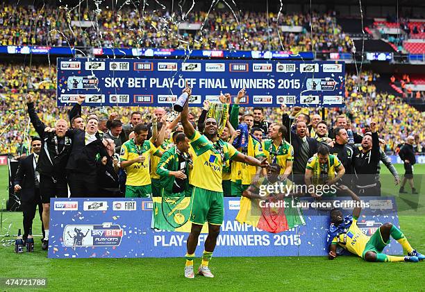 Cameron Jerome of Norwich City celebrates with team mates after the Sky Bet Championship Playoff Final between Middlesbrough and Norwich City at...