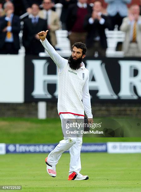 Moeen Ali of England celebrates catching Trent Boult of New Zealand to win the match during day five of the 1st Investec Test Match between England...