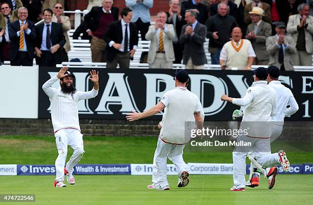 Moeen Ali of England celebrates catching Trent Boult of New Zealand to win the match during day five of the 1st Investec Test Match between England...