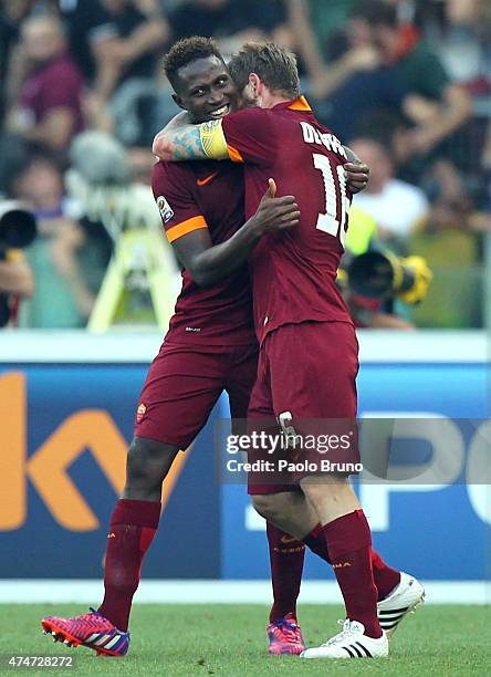 Mapou Yanga-Mbiwa with his teammate Daniele De Rossi of AS Roma celebrates after scoring the team's second goal during the Serie A match between SS...