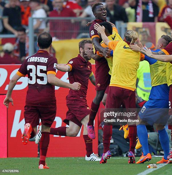 Mapou Yanga-Mbiwa with his teammates of AS Roma celebrates after scoring the team's second goal during the Serie A match between SS Lazio and AS Roma...