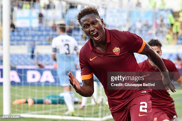 Mapou Yanga-Mbiwa of AS Roma celebrates after scoring the goal 1-2 during the Serie A match between SS Lazio and AS Roma at Stadio Olimpico on May...