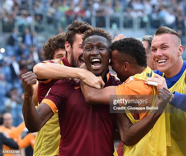 Mapou Yanga-Mbiwa of AS Roma celebrates after scoring the goal 1-2 during the Serie A match between SS Lazio and AS Roma at Stadio Olimpico on May...