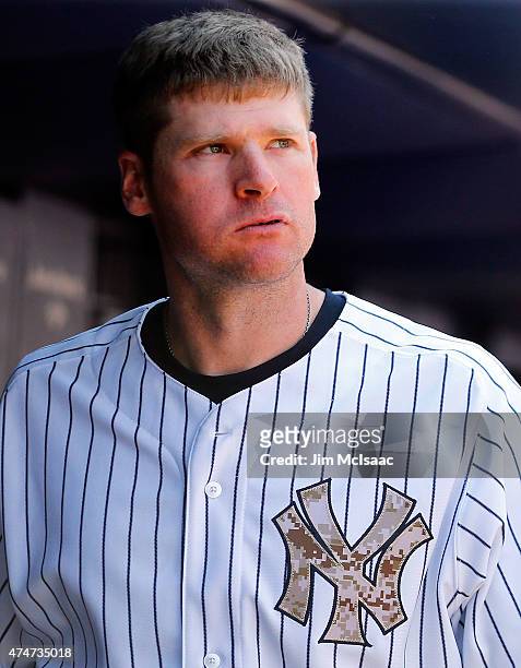 Camouflage Yankees logo is seen on the uniform of Chase Headley of the New York Yankees during a game against the Kansas City Royals at Yankee...