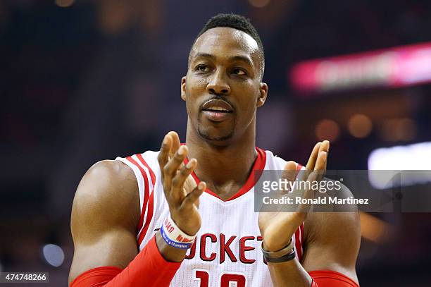 Dwight Howard of the Houston Rockets reacts in the second quarter against the Golden State Warriors during Game Four of the Western Conference Finals...