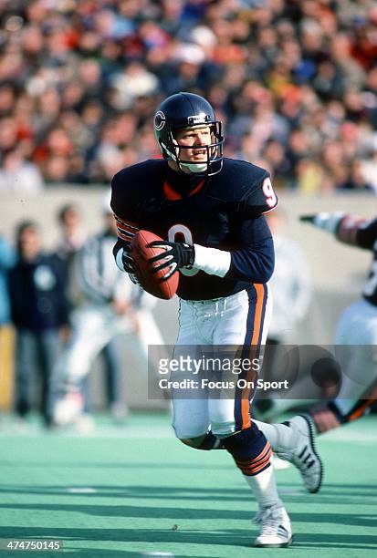 Jim McMahon of the Chicago Bears drops back to pass against the Detroit Lions during an NFL Football game November 22, 1987 at Soldier Field in...