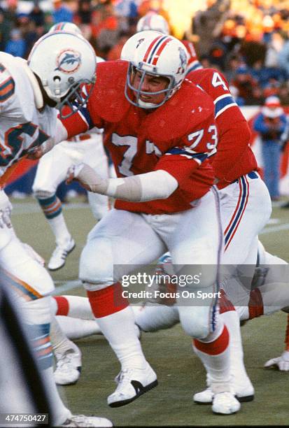 John Hannah of the New England Patriots in action against the Miami Dolphins during an NFL football game October 21, 1979 at Sullivan Stadium in...