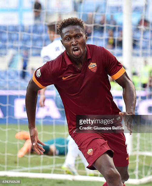 Mapou Yanga-Mbiwa of AS Roma celebrates after scoring the goal 1-2 during the Serie A match between SS Lazio and AS Roma at Stadio Olimpico on May...