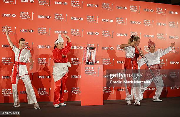 Paula Creamer of the USA, Inbee Park of South Korea, Suzann Pettersen of Norway and Shanshan Feng of China strike a pose during a photocall at the...