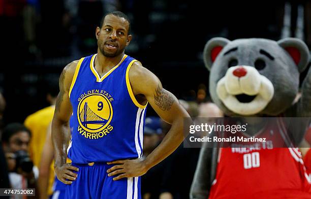 Andre Iguodala of the Golden State Warriors reacts after their 128 to 115 loss to the Houston Rockets in Game Four of the Western Conference Finals...