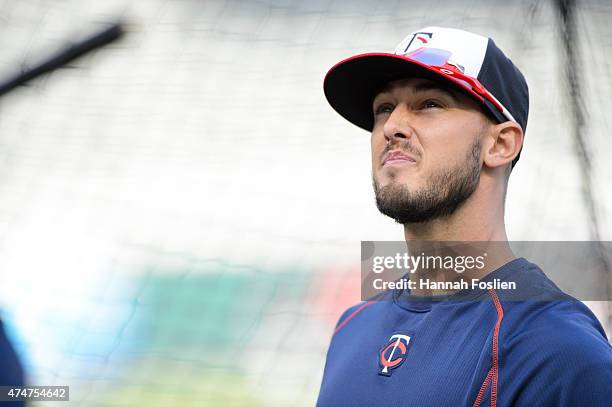 Jordan Schafer of the Minnesota Twins looks on during batting practice before the game against the Cleveland Indians on April 17, 2015 at Target...