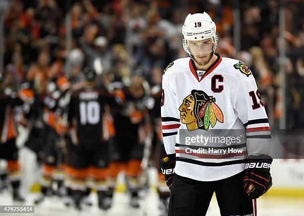 Jonathan Toews of the Chicago Blackhawks reacts after the Anaheim Ducks scored in overtime to win Game Five of the Western Conference Finals during...