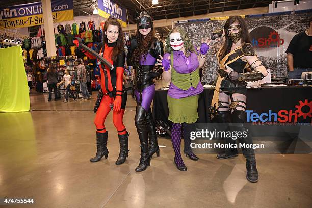 Cosplay fans, Lanie Cherluck, Evie Rose, Roxie Chase, and Ashley Kratzke attend the Motor City Comic Con at Suburban Collection Showplace on May 15,...