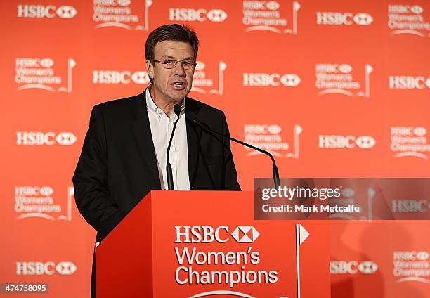 Singapore CEO Guy Harvey-Samuel talks to the media during a photocall at the Fairmont Hotel prior to the start of the 2014 HSBC Women's Champions on...