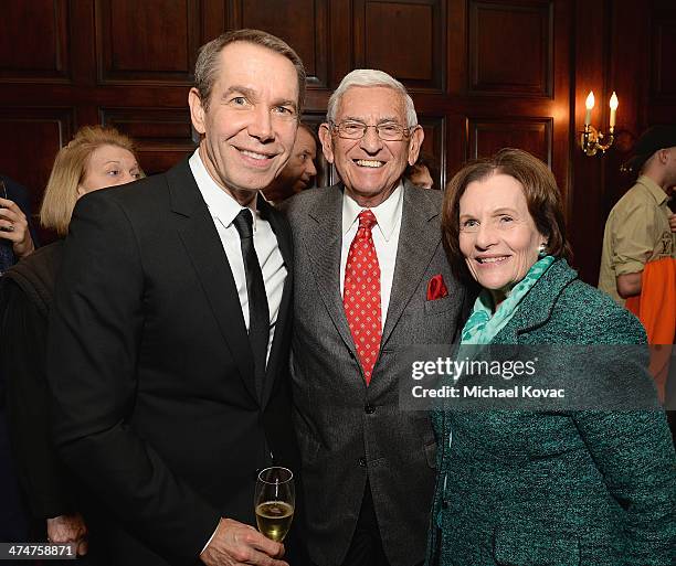 Artist Jeff Koons, Eli Broad, and Edythe Broad attend the Dom Perignon Reception after The Un-Private Collection: Jeff Koons and John Waters in...