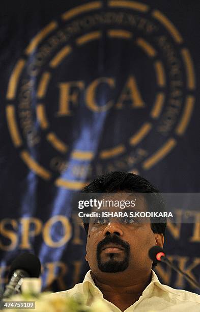 In this photograph taken on February 24, 2014 Sri Lanka's main Marxist party leader Anura Kumara Dissanayake addresses the Foreign Correspondents'...