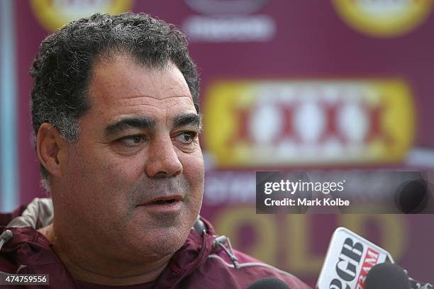 Maroons coach Mal Meninga speaks to the media during a Queensland Maroons State of Origin training session at ANZ Stadium on May 26, 2015 in Sydney,...