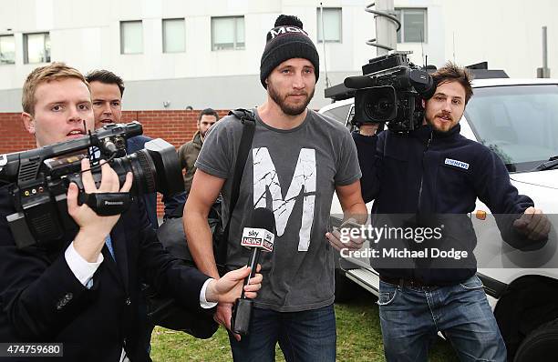 An emotional Dale Thomas of the Blues leaves after the sacking of Blues head coach Michael Malthouse during a Carlton Blues AFL press conference at...