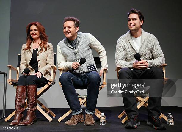 Producer/actress Roma Downey, producer Mark Burnett, and actor Diogo Morgado attend Meet the Filmmakers: "Son Of God" at Apple Store Soho on February...