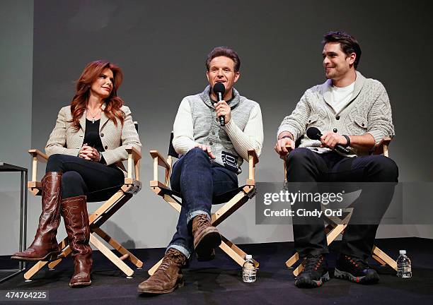 Producer/actress Roma Downey, producer Mark Burnett, and actor Diogo Morgado attend Meet the Filmmakers: "Son Of God" at Apple Store Soho on February...