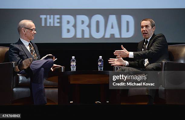 Director John Waters and artist Jeff Koons converse onstage at The Un-Private Collection: Jeff Koons and John Waters in Conversation at Orpheum...