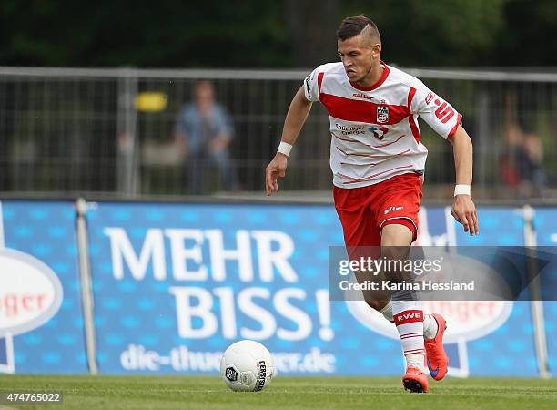 Andreas Wiegel of Erfurt during the Third League match between FC Rot Weiss Erfurt and SpVgg Unterhaching at Steigerwaldstadion on May 23, 2015 in...