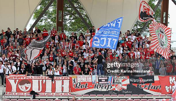 Fans of Erfurt during the Third League match between FC Rot Weiss Erfurt and SpVgg Unterhaching at Steigerwaldstadion on May 23, 2015 in Erfurt,...