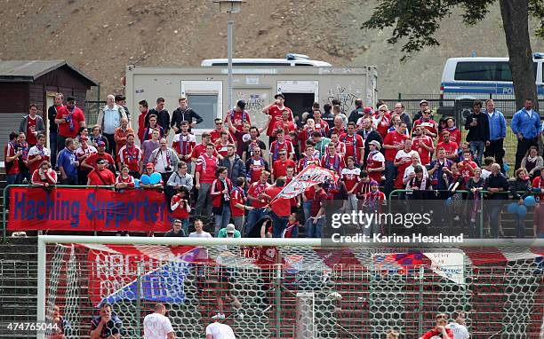 Fans of Unterhaching during the Third League match between FC Rot Weiss Erfurt and SpVgg Unterhaching at Steigerwaldstadion on May 23, 2015 in...