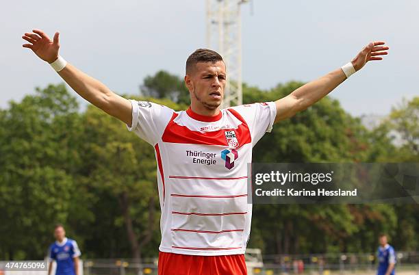 Andreas Wiegel of Erfurt reacts during the Third League match between FC Rot Weiss Erfurt and SpVgg Unterhaching at Steigerwaldstadion on May 23,...