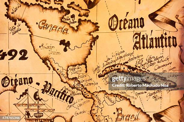 North America, Caribbean islands and northern parts of South America on an old map isloated with the Pacific and Atlantic oceans. Part of the old map...