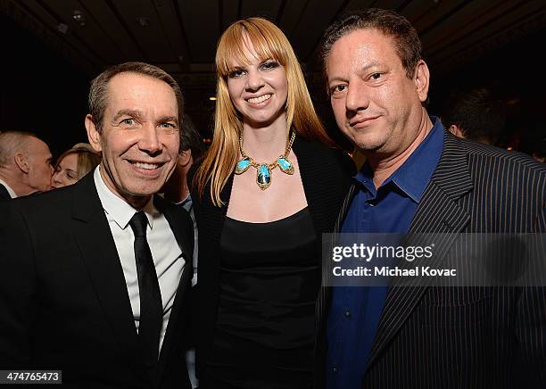 Artists Jeff Koons, Kelly Berg, and Andy Moses attend the Dom Perignon Reception after The Un-Private Collection: Jeff Koons and John Waters in...