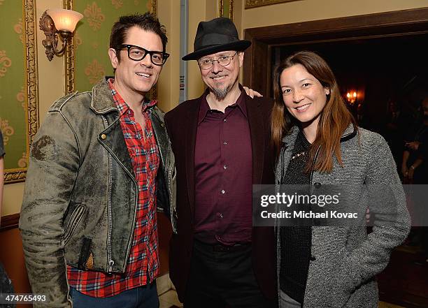 Actor Johnny Knoxville, artist Mark Ryden, and Naomi Nelson attend the Dom Perignon Reception after The Un-Private Collection: Jeff Koons and John...