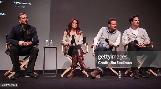 Producer Brian Balthazar, actress/producer Roma Downey, producer Mark Burnett and actor Diogo Morgado attend "Meet The Filmmakers" at Apple Store...