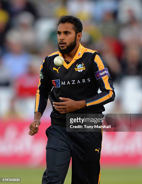 Adil Rashid of Yorkshire Vikings during the NatWest T20 Blast between Nottingham Outlaws and Yorkshire Vikings at Trent Bridge on May 22, 2015 in...