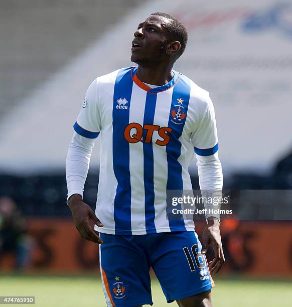 Tope Obadeyi in action for Kilmarnock at the Scottish premiership match between Kilmarnock and Ross County at Rugby Park on May 23, 2015 in...