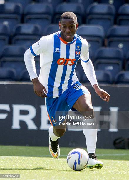 Tope Obadeyi in action for Kilmarnock at the Scottish premiership match between Kilmarnock and Ross County at Rugby Park on May 23, 2015 in...