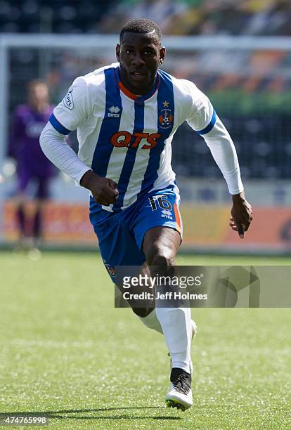 Tope Obadeyi in action for Kilmarnock at the Scottish premiership match between Kilmarnock and Ross County at Rugby Park on May 23, 2015 in...
