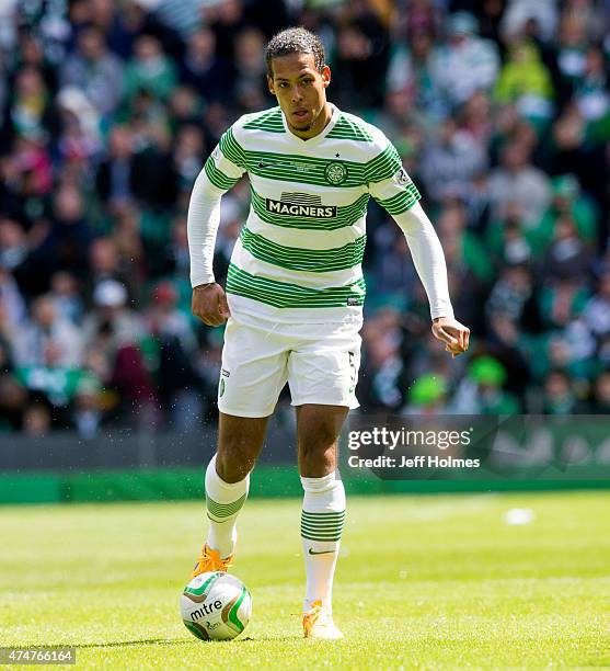 Virgil Van Dijk in action for Celtic at the Scottish Premiership Match between Celtic and Inverness Caley Thistle at Celtic Park on May 24, 2015 in...