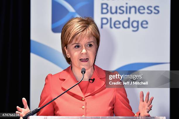 First Minister of Scotland and leader of the SNP Nicola Sturgeon delivers a speech during a visit to the Heart of Midlothian FC's Tynecastle Stadium...