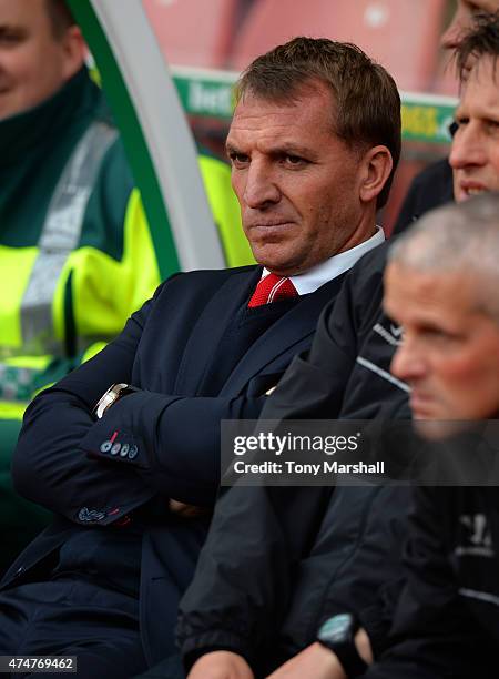 Brendan Rodgers, Manager of Liverpool on the bench during the Barclays Premier League match between Stoke City and Liverpool at Britannia Stadium on...