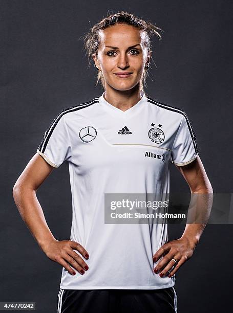 Fatmire Alushi poses during Germany Women's Team Presentation on June 11, 2014 in Frankfurt am Main, Germany.