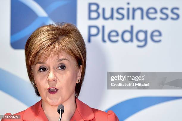 First Minister of Scotland and leader of the SNP Nicola Sturgeon delivers a speech during a visit to the Heart of Midlothian FC's Tynecastle Stadium...