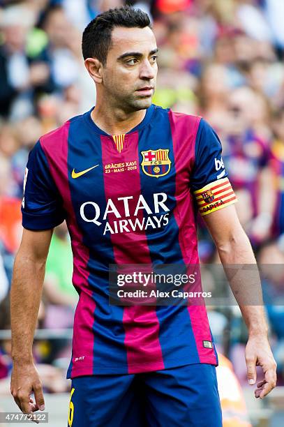 Xavi Hernandez of FC Barcelona looks on during the La Liga match between FC Barcelona and RC Deportivo La Coruna at Camp Nou on May 23, 2015 in...