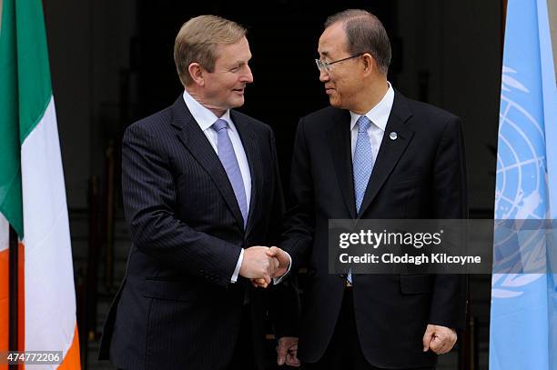 United Nations Secretary General Ban Ki-Moon meets with Irish Taoiseach Enda Kenny at Government Buildings on May 26, 2015 in Dublin, Ireland. The...