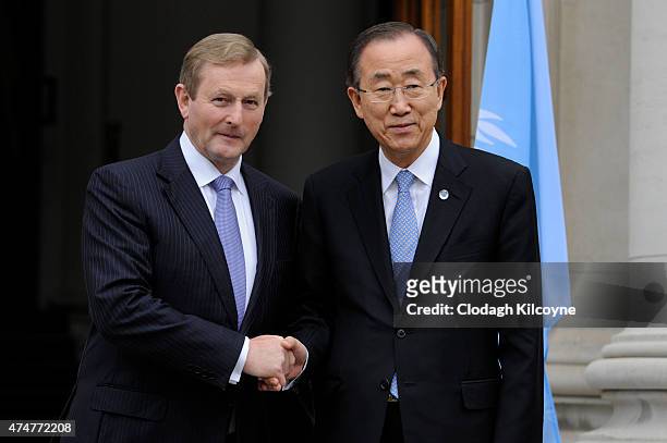 United Nations Secretary General Ban Ki-Moon meets with Irish Taoiseach Enda Kenny at Government Buildings on May 26, 2015 in Dublin, Ireland. The...