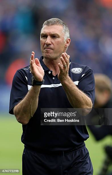 Leicester manager Nigel Pearson applauds the home fans following the Premier League match between Leicester City and Queens Park Rangers at The King...